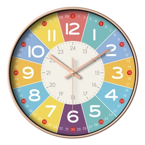 Horloge murale éducative colorée avec cadre en or rose pour l'apprentissage du temps