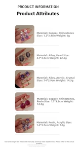 Detail showing material specifications and weight for five vintage pearl purple earrings