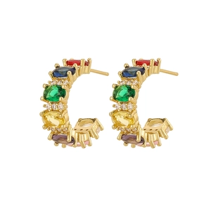 French vintage C-shape gold earrings with colorful oval gemstones and cubic zirconia