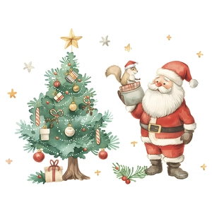 Creative Christmas wall decal with watercolor Santa Claus, tree and festive squirrel