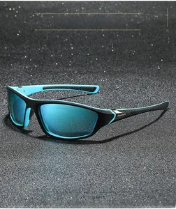 Detail view of polarized sports sunglasses with blue lens and anti-slip textured temples