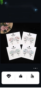 Detail of four unique self-adhesive acrylic rhinestone facial gem sets for makeup