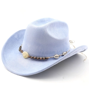 Detail view of light blue cowboy hat featuring a beaded cord and seashell band decoration