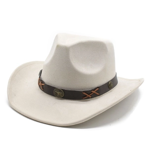 Detail of faux suede cowboy hat with brown leather band and bronze bull head ornament