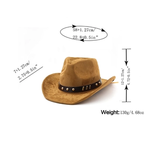 Detailed size guide of brown suede cowboy hat with leather studded band and curved brim