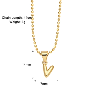 Detailed specs of the gold letter V pendant necklace with dimensions and chain length