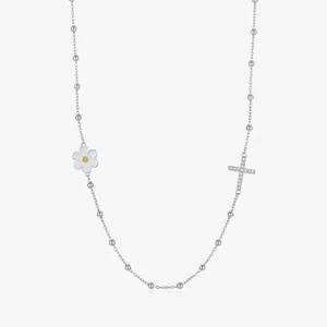 925 Sterling Silver Necklace With White Enamel Daisy Flower And Rhinestone Cross Pendant For Women Sweet Forest Style
