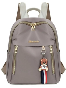 Stylish gray oxford fabric backpack for women with teddy bear pendant and multi-zipper pockets