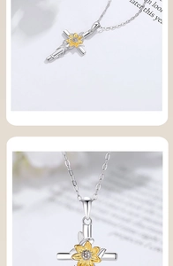 Close-up of 925 sterling silver sunflower cross pendant with micro-set cubic zirconia detail