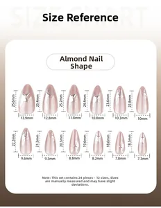 Size chart showing 12 dimensions for almond cat eye nails with silver star accents