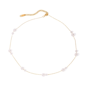 Elegant 18k gold stainless steel necklace with irregular white pearls on a white background