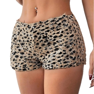 Women's sexy leopard print sequin hot pants with low waist and knitted texture for summer