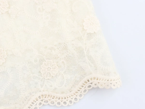 Gros plan sur le tissu en dentelle beige avec broderies florales et bordure festonnée
