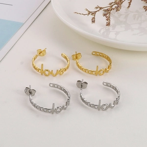 C-shaped titanium steel hoop earrings with love lettering and chain texture in gold and silver