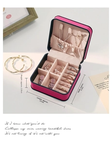 Detailed interior of rose red jewelry box showing compartments and 9.7cm size dimensions