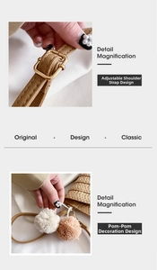 Detail of straw woven bag featuring adjustable leather strap and soft pompom charms