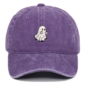 Close-up of ghost embroidery and distressed texture on purple vintage baseball cap