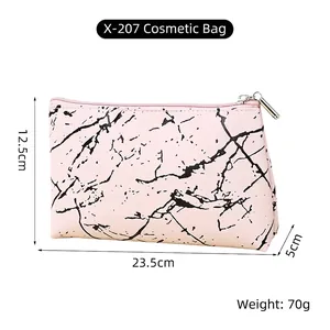 Detail view of pink marble PU makeup bag with dimensions 23.5cm x 12.5cm x 5cm