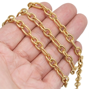 Golden stainless steel Figaro chain with alternating links held to show size and luster