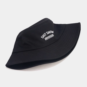 Black cotton bucket hat featuring white Shit Show Supervisor embroidery design