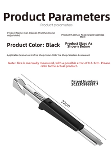 Macro view of adjustable stainless steel can opener with 22cm black handle details