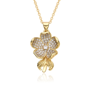 Exquisite gold-plated brass lotus pendant necklace with clear cubic zirconia accents