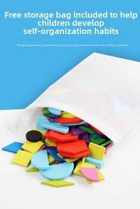 Colorful geometric wooden puzzle blocks pouring from a white drawstring storage bag