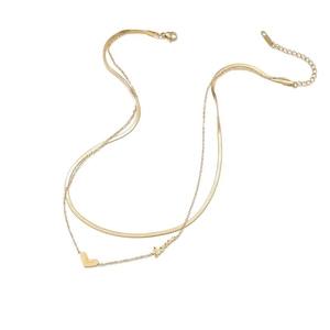 Collier double couche en titane doré avec chaîne serpent et pendentif love
