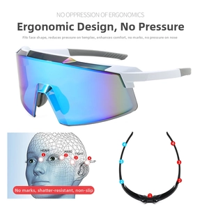 Ergonomic white cycling glasses with blue lenses showing pressure-free temple design