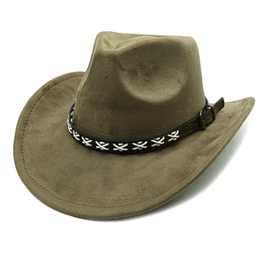 Macro detail of olive green suede cowboy hat with black leather band and buckle