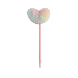 Cute pink ballpoint pen with a rainbow plush heart top for school stationery and gifts