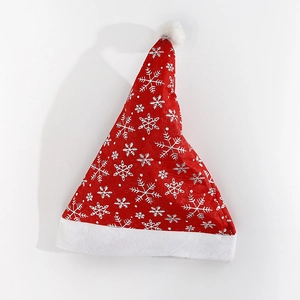 Classic red Christmas hat with white snowflake patterns and plush trim on white background