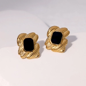 18K gold plated stainless steel wave earrings with black rectangle gemstones