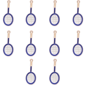 Macro view of 10 gold and blue enamel tennis racket pendants for DIY jewelry