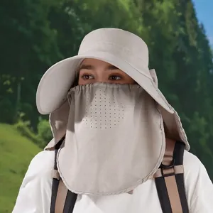 Women's wide brim sun hat with neck flap and breathable face mask for hiking and travel