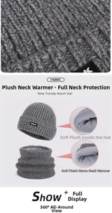 Detail of grey knitted hat and neck warmer with thick faux fur lining and fabric texture
