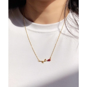 Vintage 18k gold plated brass necklace with 3D red enamel rose pendant for women