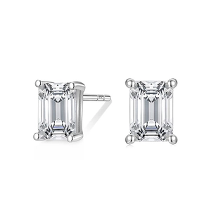 Macro view of 925 sterling silver studs with emerald-cut crystals and hallmark
