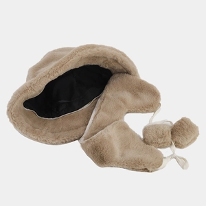 Thick faux fur winter bucket hat with ear flaps and decorative pom-poms in khaki