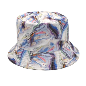 3D tie-dye bucket hat with colorful marble print and reinforced brim stitching for outdoors