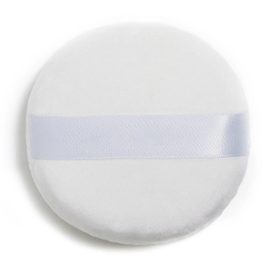Soft white circular crystal velvet powder puff with satin ribbon handle for makeup