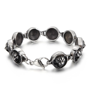 Men's hip hop tiger head round plate bracelet in vintage steel finish with lobster clasp