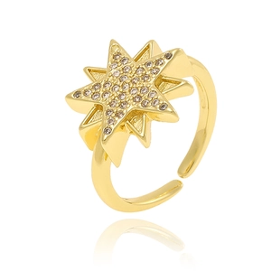 Adjustable 18K gold plated open ring featuring a sparkling zircon pavé star design