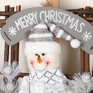 Suspension murale bonhomme de neige de Noël avec bonnet pailleté et signe Merry Christmas