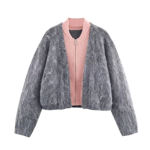 Women Knit Plush Faux Fur Cardigan And Ribbed High Neck Zipper Top Color Block Long Sleeve Casual Streetwear Sweater
