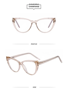 Dettaglio degli occhiali cat-eye champagne in TR90 con vista frontale e laterale