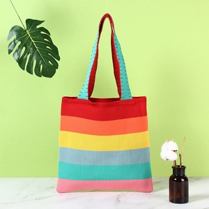 Rainbow striped knit tote bag for women, vibrant casual crochet shoulder bag for summer