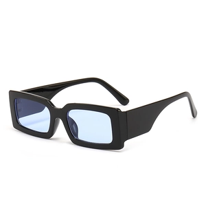 Retro rectangle sunglasses with black thick frame and light blue lenses for unisex wear