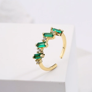 18K gold plated adjustable ring with green rectangular zircons and white round stones