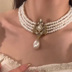Multi-layer pearl choker necklace with vintage golden flower teardrop pendant